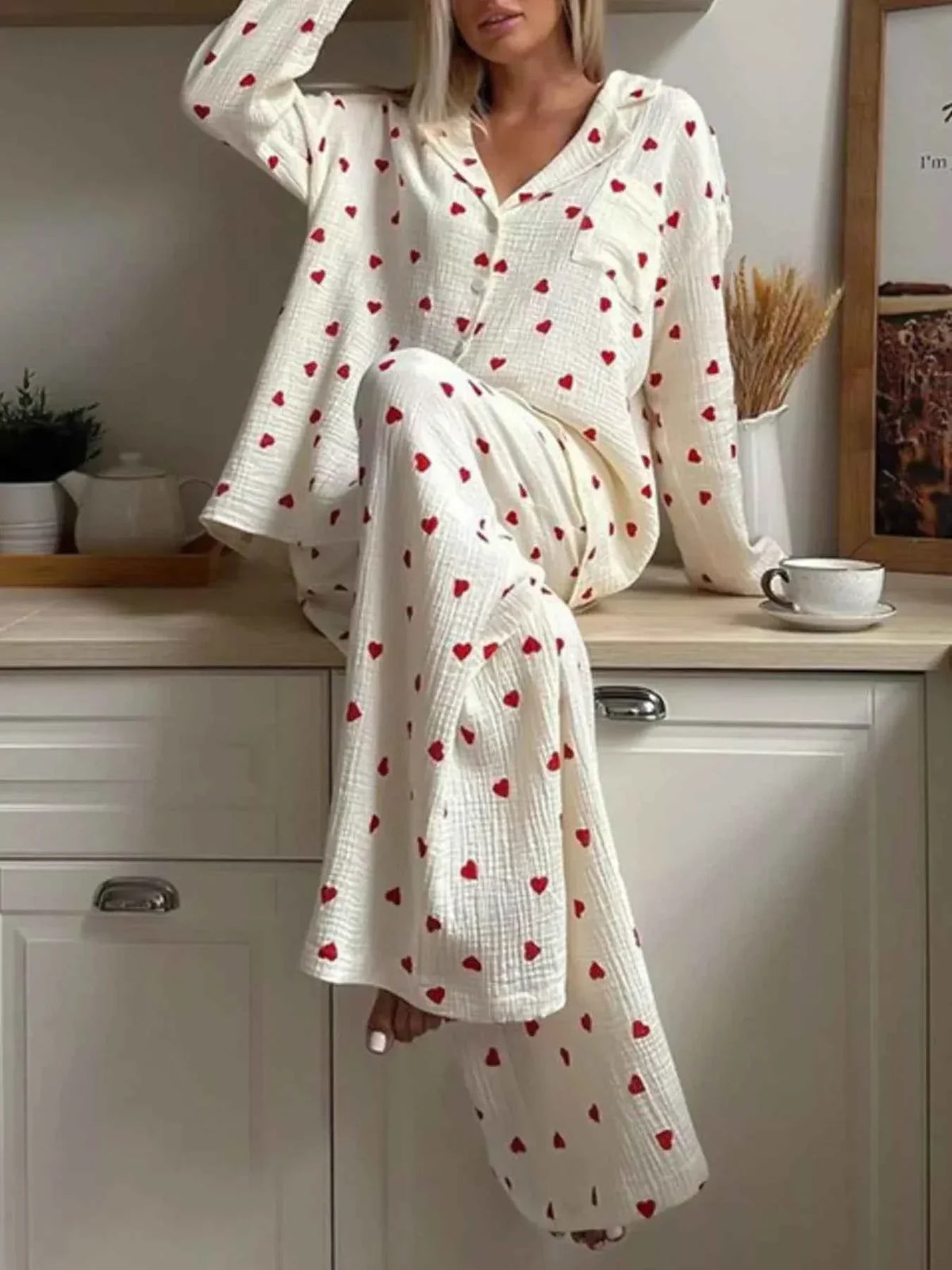 Heart Print Textured Button Front Shirt and Wide Leg Pants Two Piece Set 3