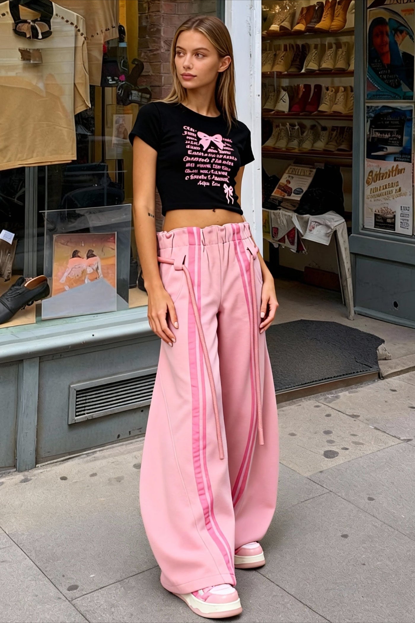 Streetwear Drawstring High-Waist Wide Pants