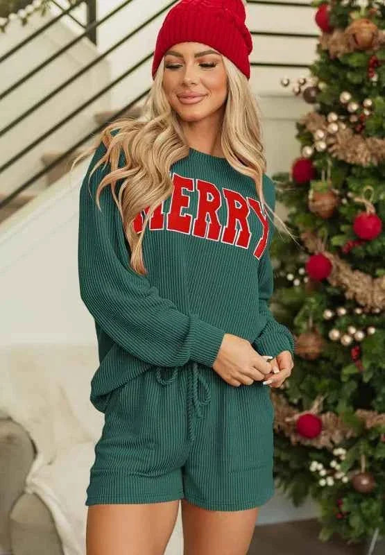 Merry Graphic Ribbed Long Sleeve Top and Drawstring Shorts Two Piece Set 9