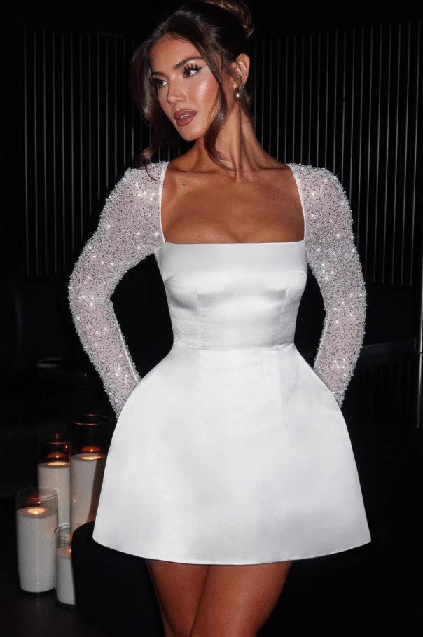 Square Neck Beaded Mesh Long Sleeve Satin Bubble Mini Dress 3