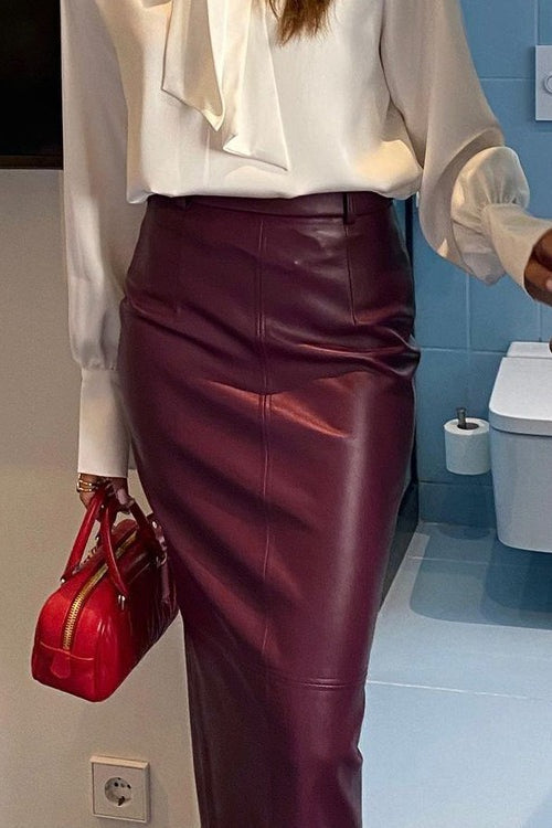 High Waist Faux Leather Front Seam Bodycon Maxi Skirt 2