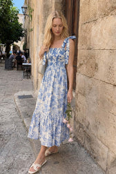 Bow-Strap Floral Smocked Midi Dress