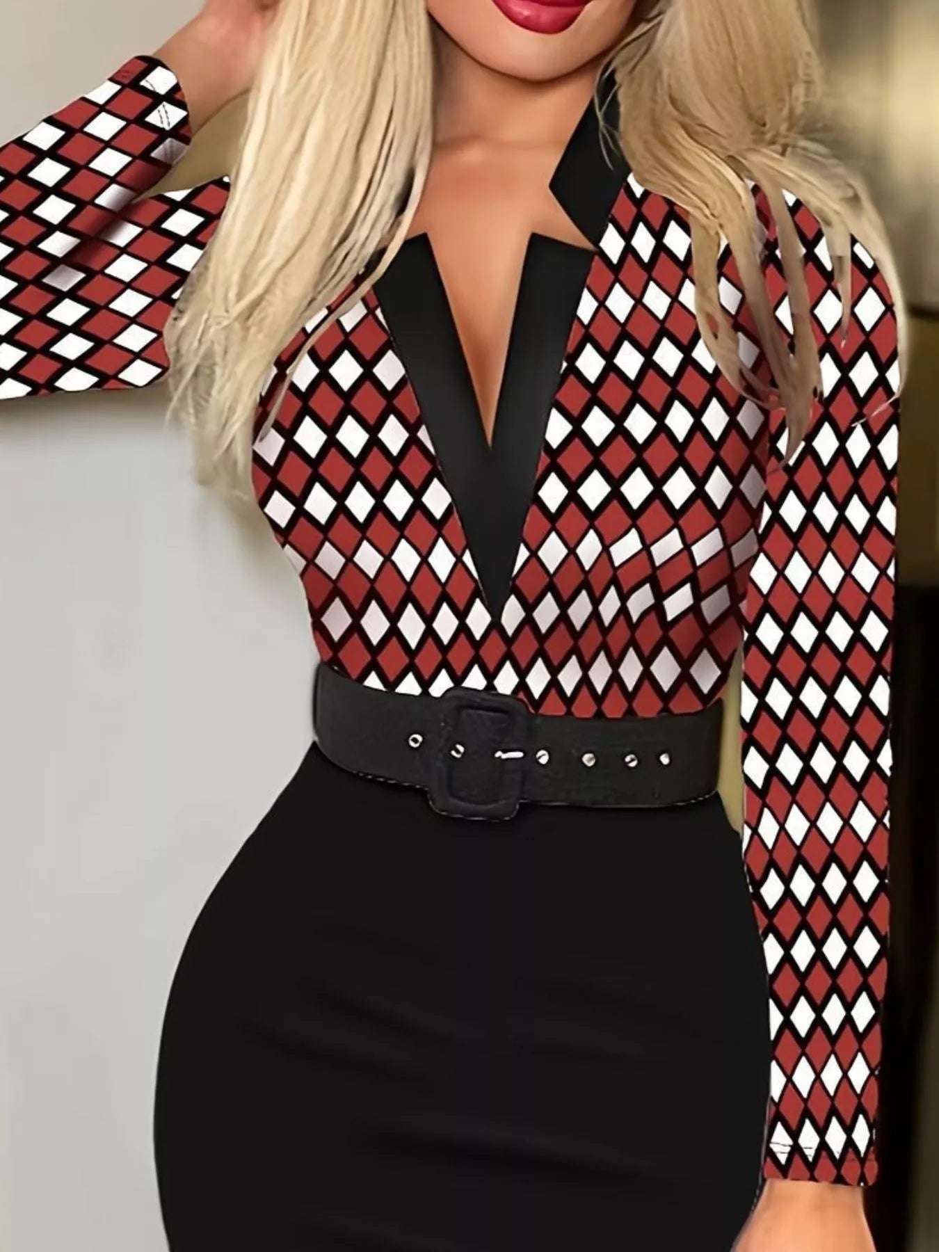 Full Size Notched Long Sleeve Dress Plus Size Plaid