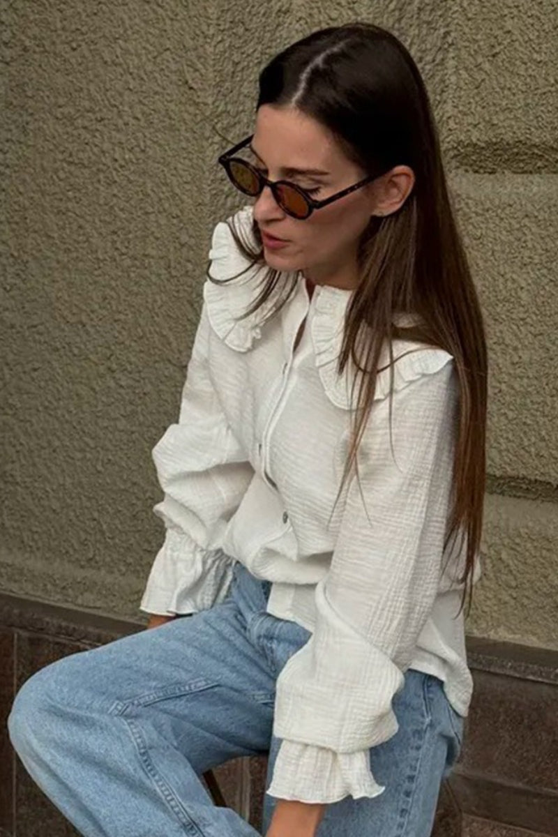 Crinkle Textured Ruffle Collar Long Sleeve Flounce Cuff Button Front Blouse 2