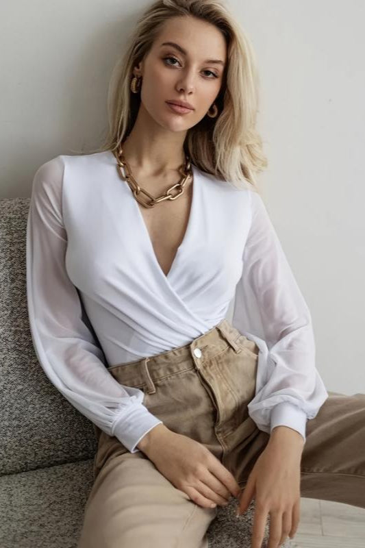 Surplice V-Neck Wrap Front Sheer Mesh Long Sleeve Bodysuit