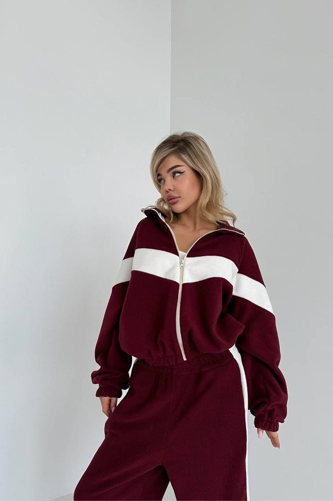 Chevron Colorblock Zip Front Fleece Jacket and Side Stripe Pants Two Piece Set 3