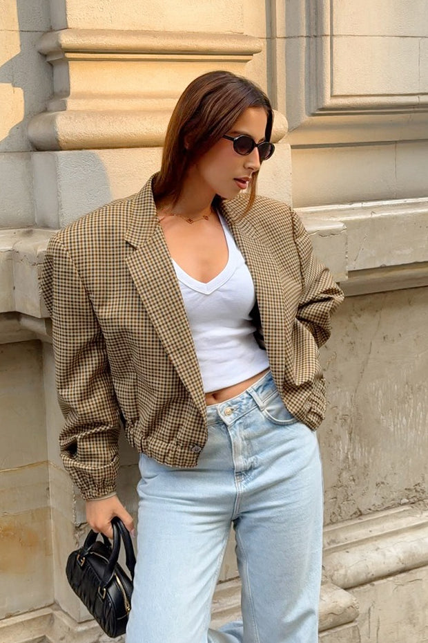 Houndstooth Check Padded Shoulder Banded Hem Cropped Blazer Jacket 3