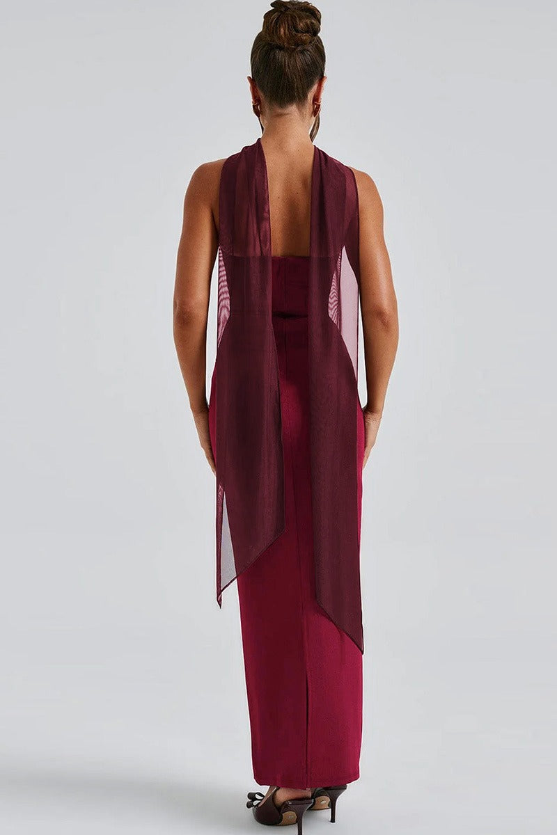 Strapless Choker Neck Ruched Sheer Glove Bodycon Maxi Dress