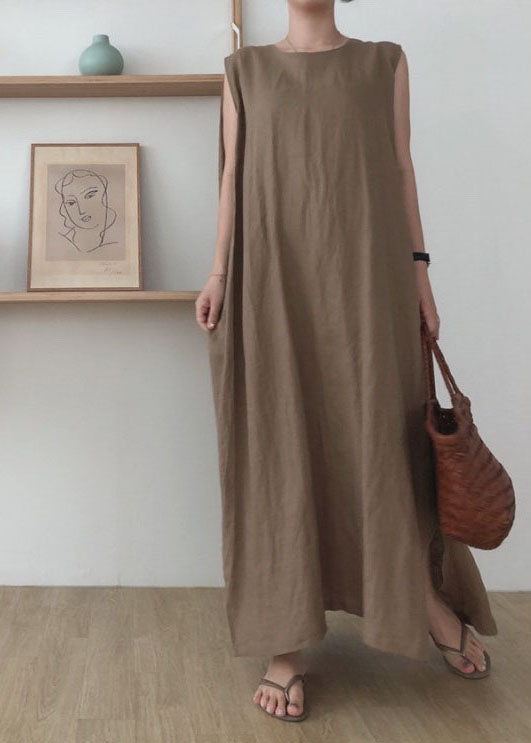 Round Neck Sleeveless Side Slit Oversized Linen Blend Maxi Dress