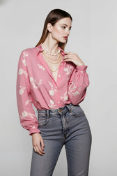Printed Collared Lantern Sleeve Elegant Long Sleeve Blouse