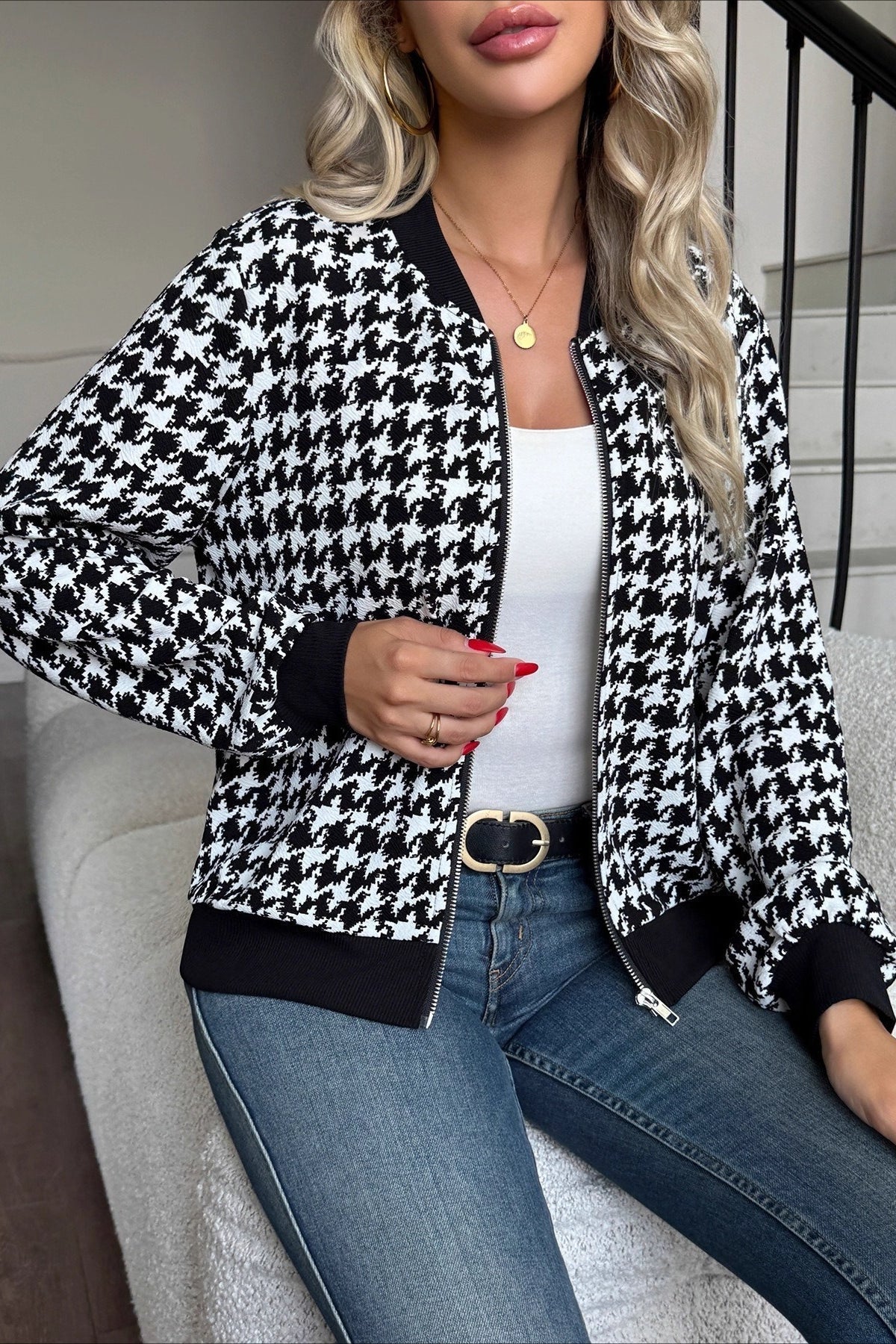 Houndstooth Zip Front Long Sleeve Contrast Trim Bomber Jacket 2