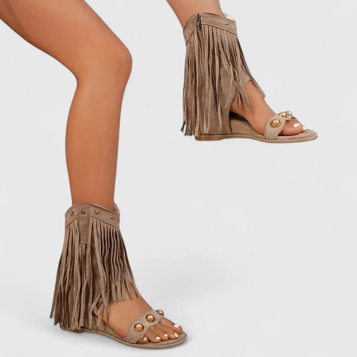 Open Toe Fringe Side Zip Flat Sandals 5