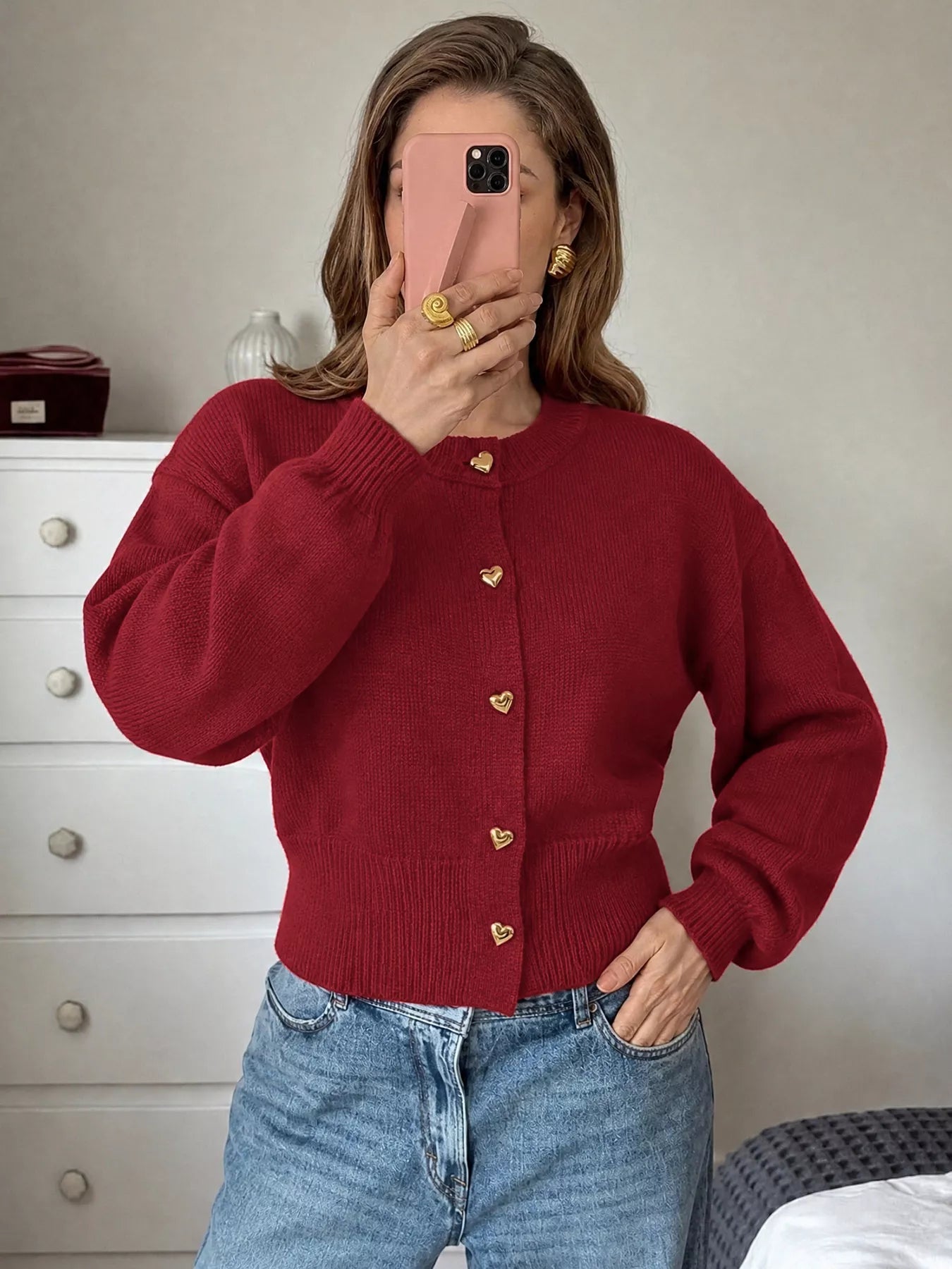 Heart-Button Knit Cardigan