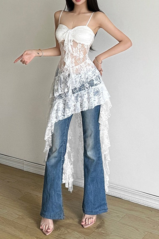 Sheer Floral Lace Spaghetti Strap Ruffle High Low Dress 2