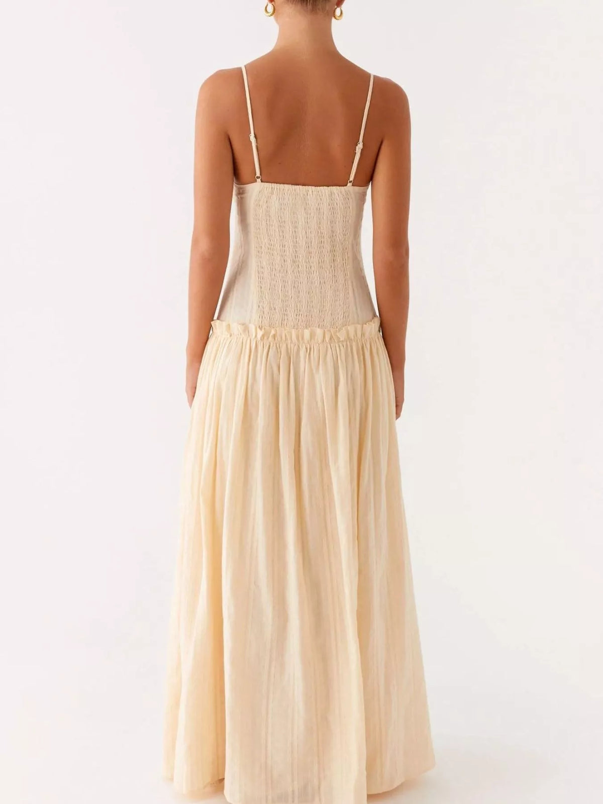 Ruched Bust Drop Waist Ruffle Trim Cami Maxi Dress 34
