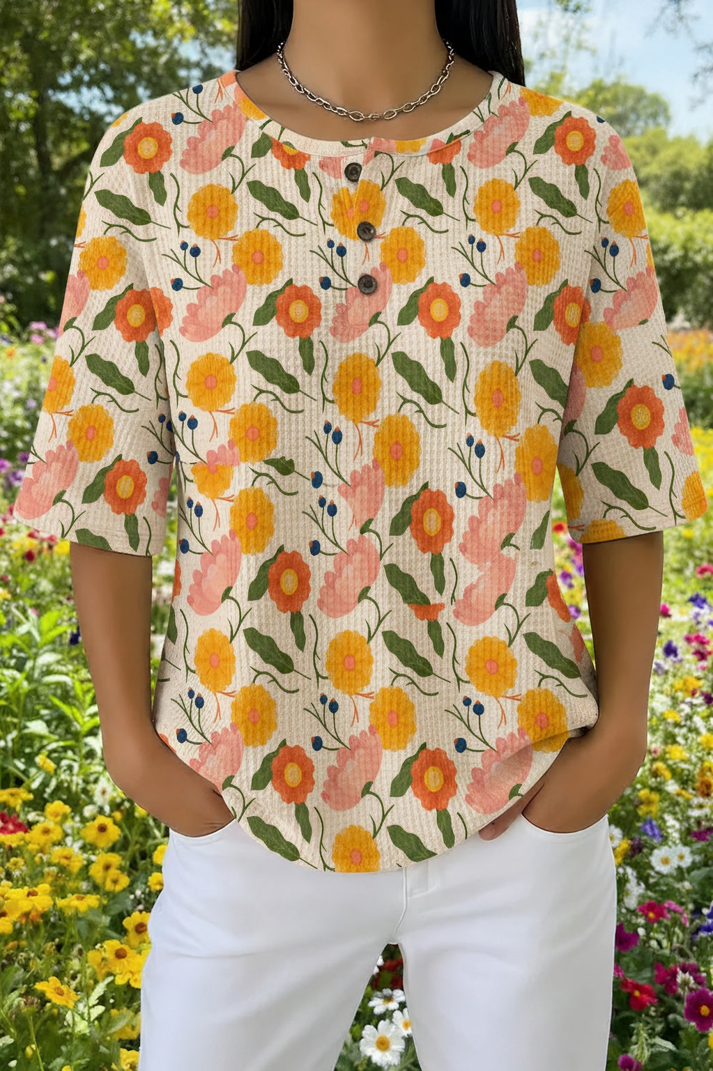 Womens Orange and Yellow Floral Print Casual Shirt
