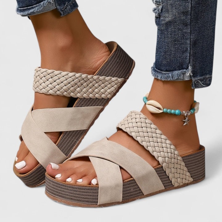 Cross Strap Woven Platform Slide Sandals