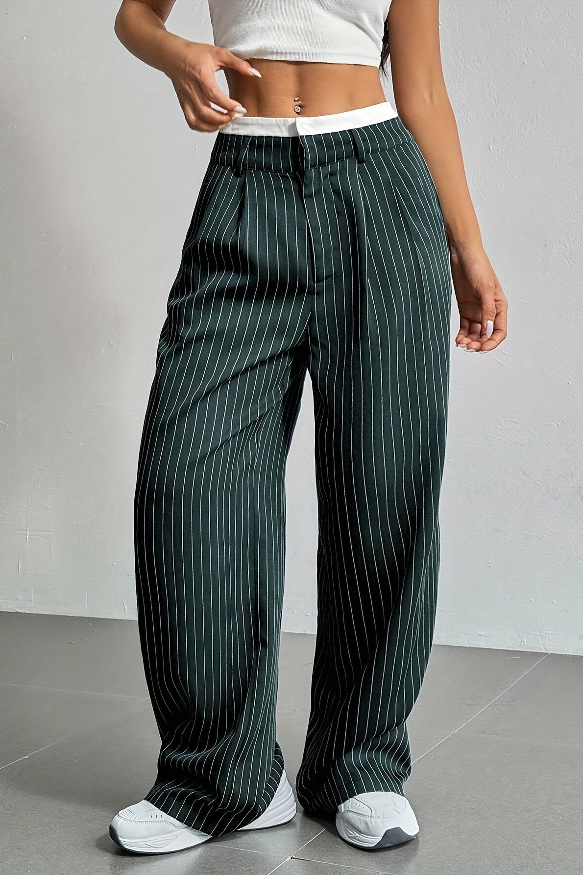 Pinstripe Contrast Waistband Pleated Wide Leg Trousers 14