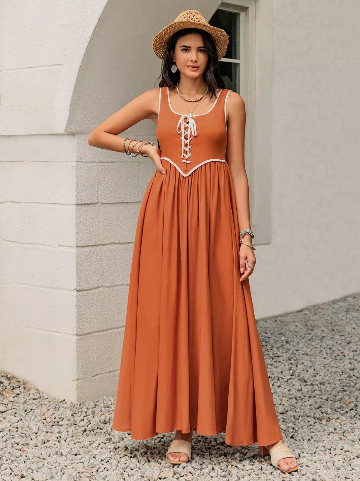 Contrast Trim Lace Up Front Sleeveless Pleated Maxi Tank Dress 5