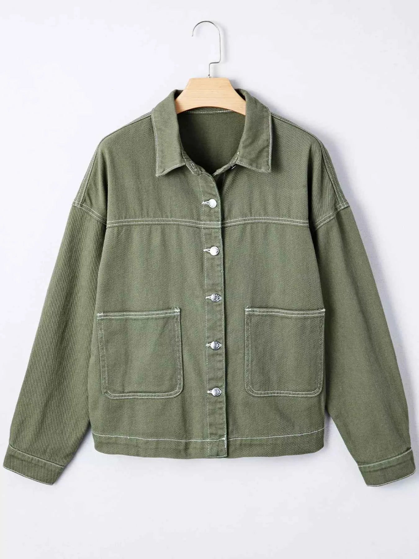 Patched Pocket Collared Button Front Boyfriend Denim Jacket