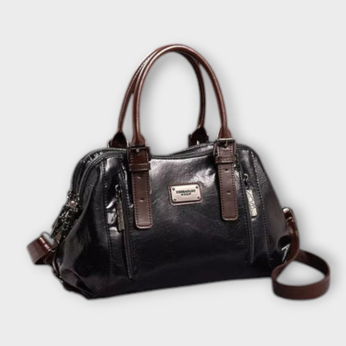 Buckle Strap Zip Faux Leather Satchel Handbag