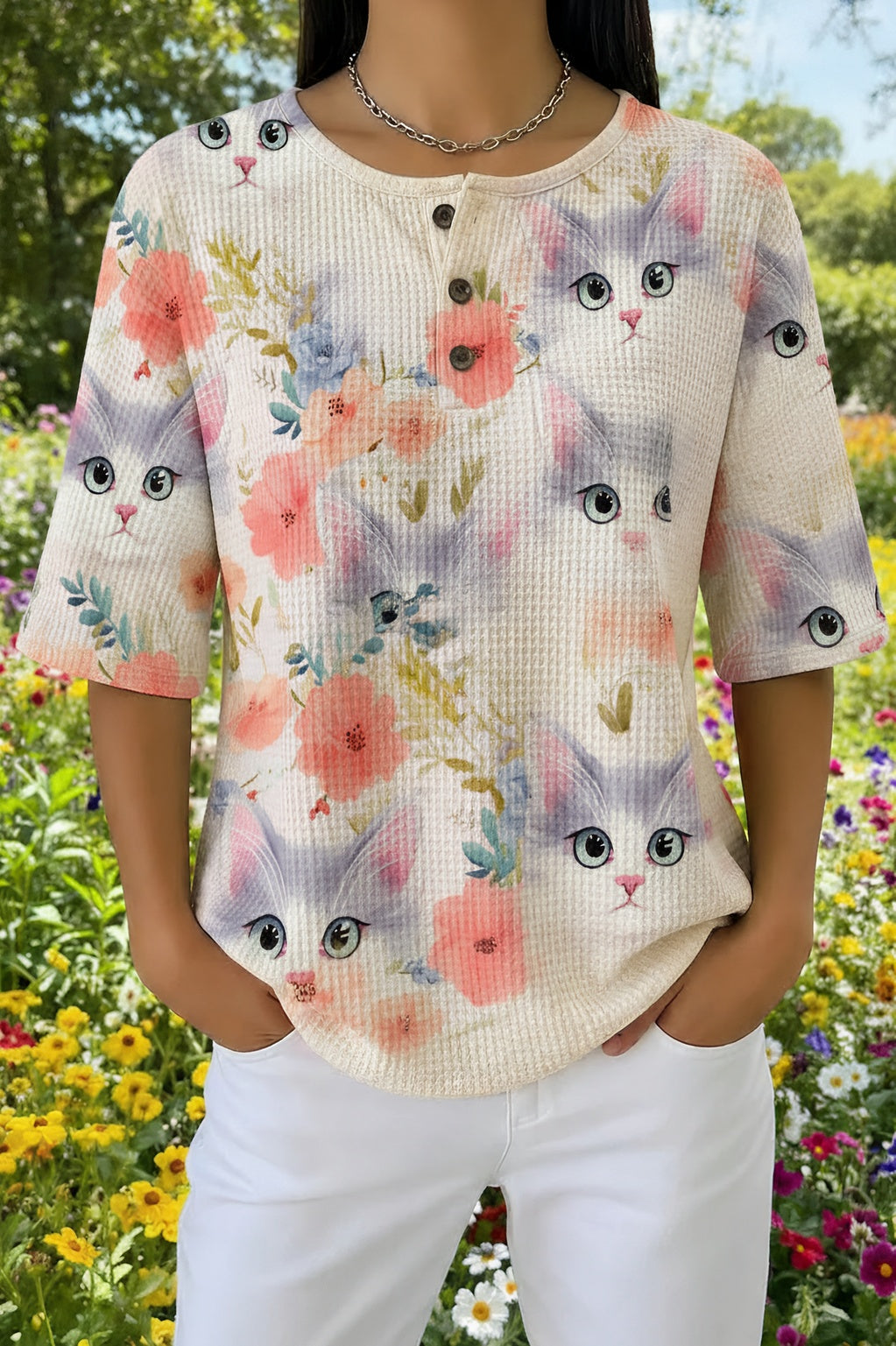 Womens Pink Floral Cat Portrait Print Casual Shirt
