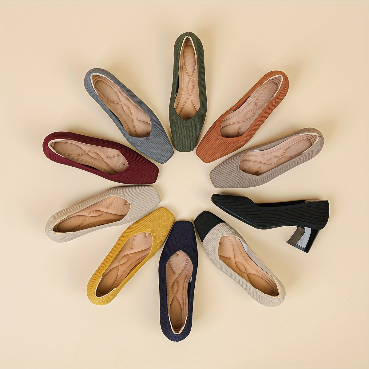 Square Toe Block Heel Slip On Pumps