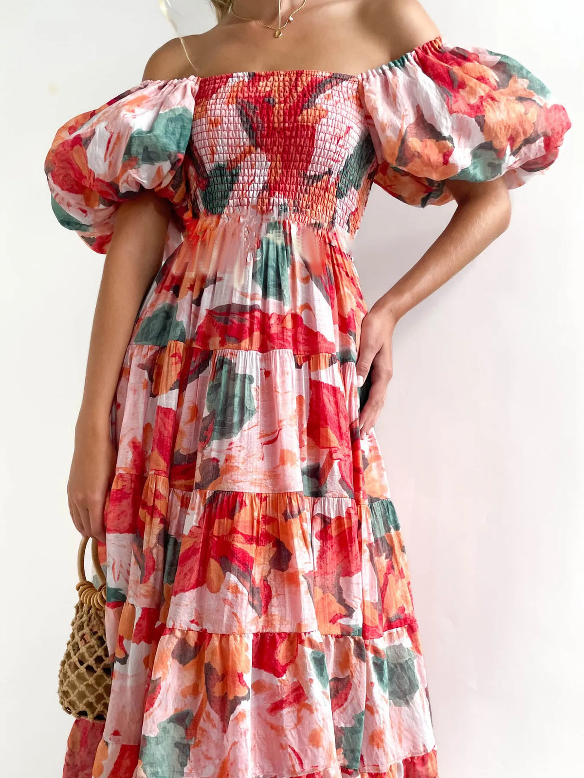 Floral Off Shoulder Smocked Puff Sleeve Tiered Maxi Dress 4