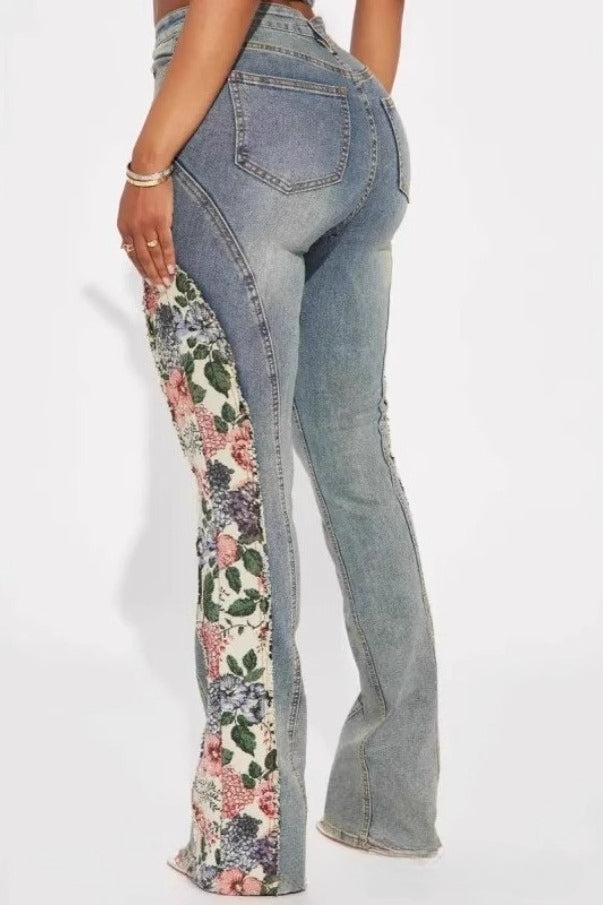 Floral Paneled High Stretch Flare Slim Stylish Jeans