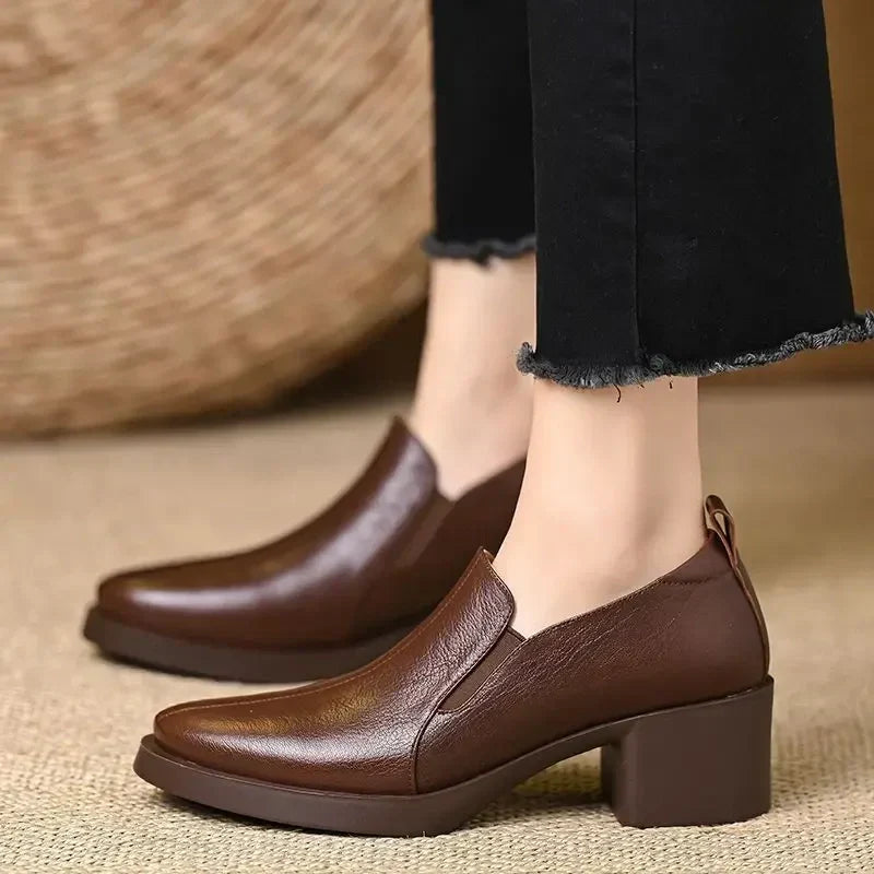 Pointed Toe Slip On Block Heel Loafer Pumps