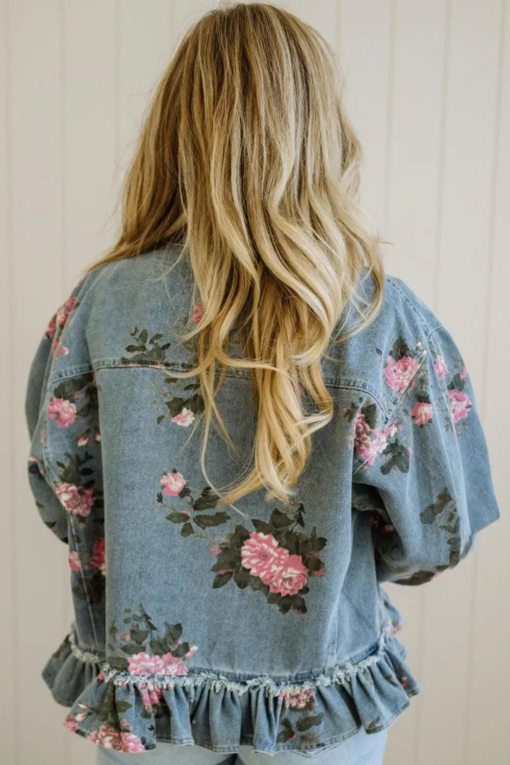 Floral Print Button Front Frayed Ruffle Hem Denim Jacket 2