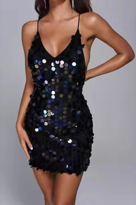 Paillette Sequin Deep V-Neck Spaghetti Strap Backless Bodycon Mini Dress 3