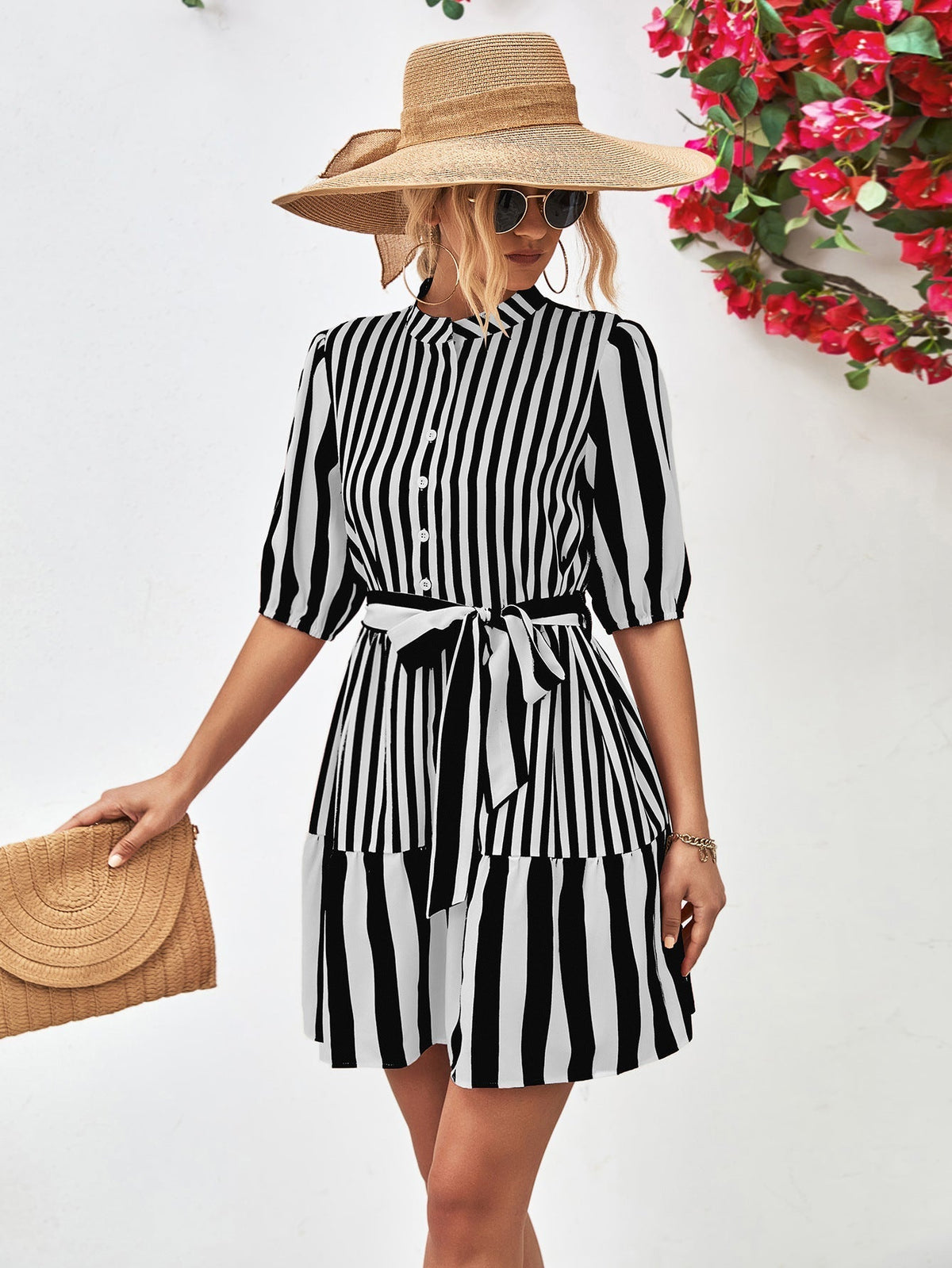 Striped Puff Sleeve Button Front Belted Ruffle Hem Mini Dress 11