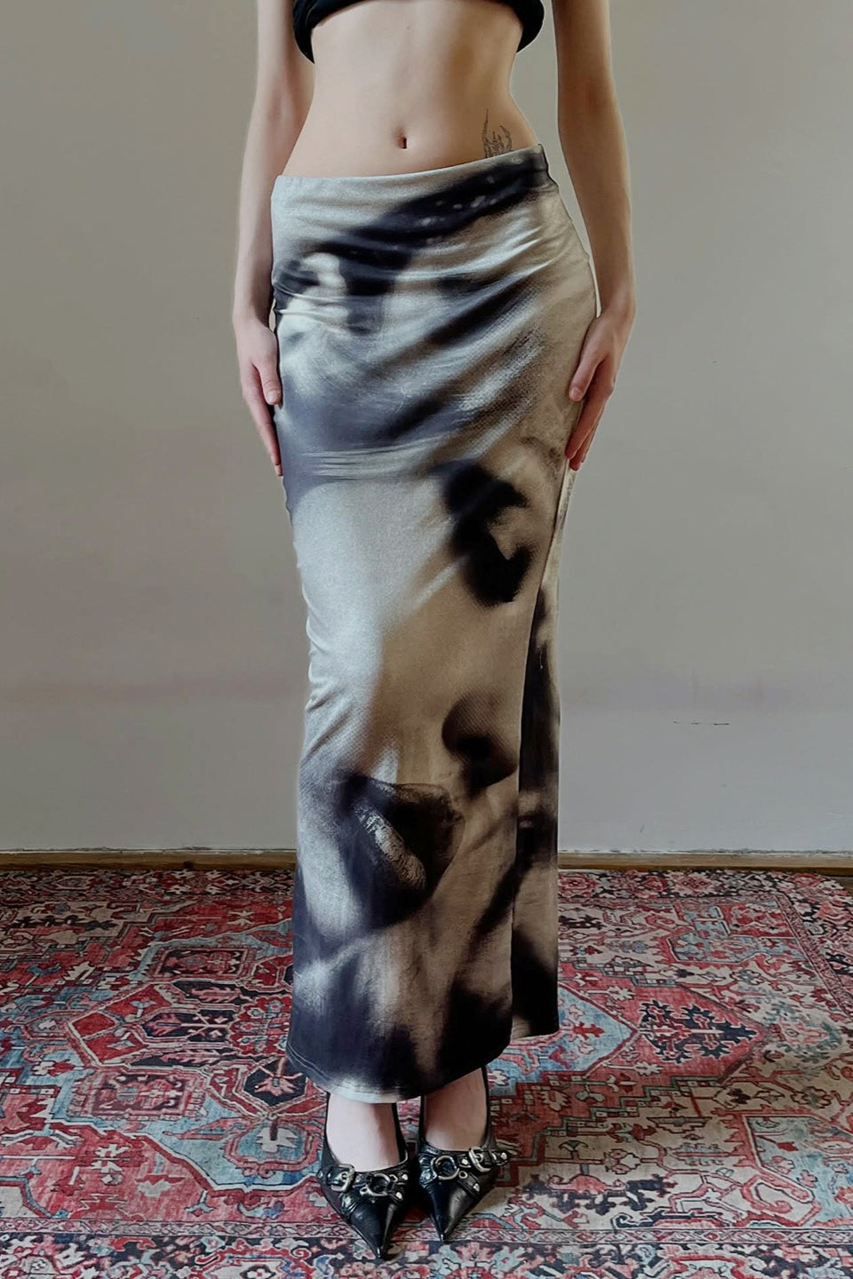 Portrait Face Print Satin Low Rise Bodycon Maxi Skirt
