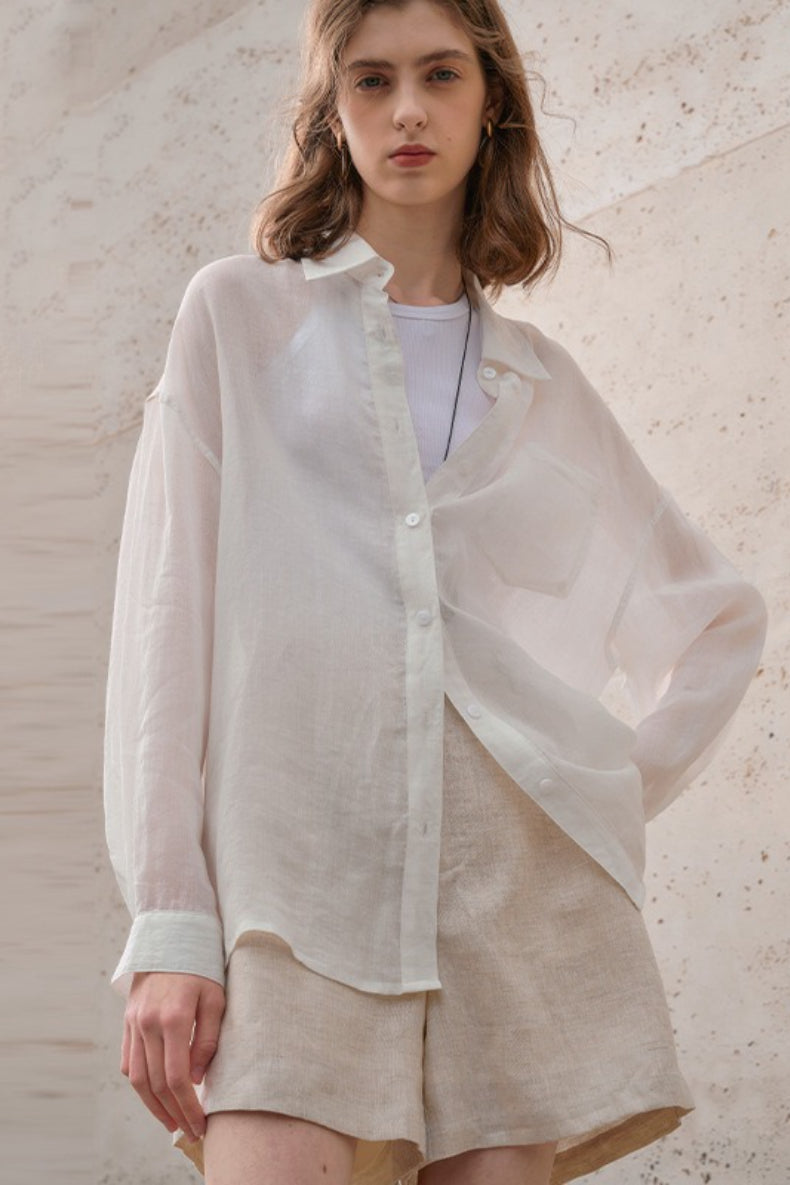 Elegant Sheer Linen Collared Long Sleeve Top