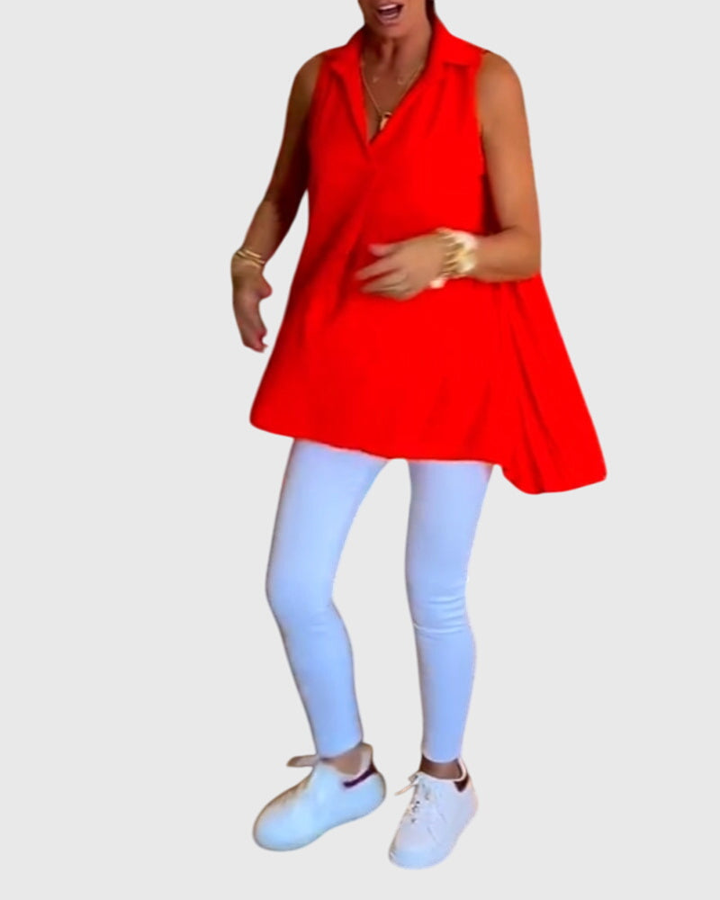 Collared Sleeveless High Low Blouse
