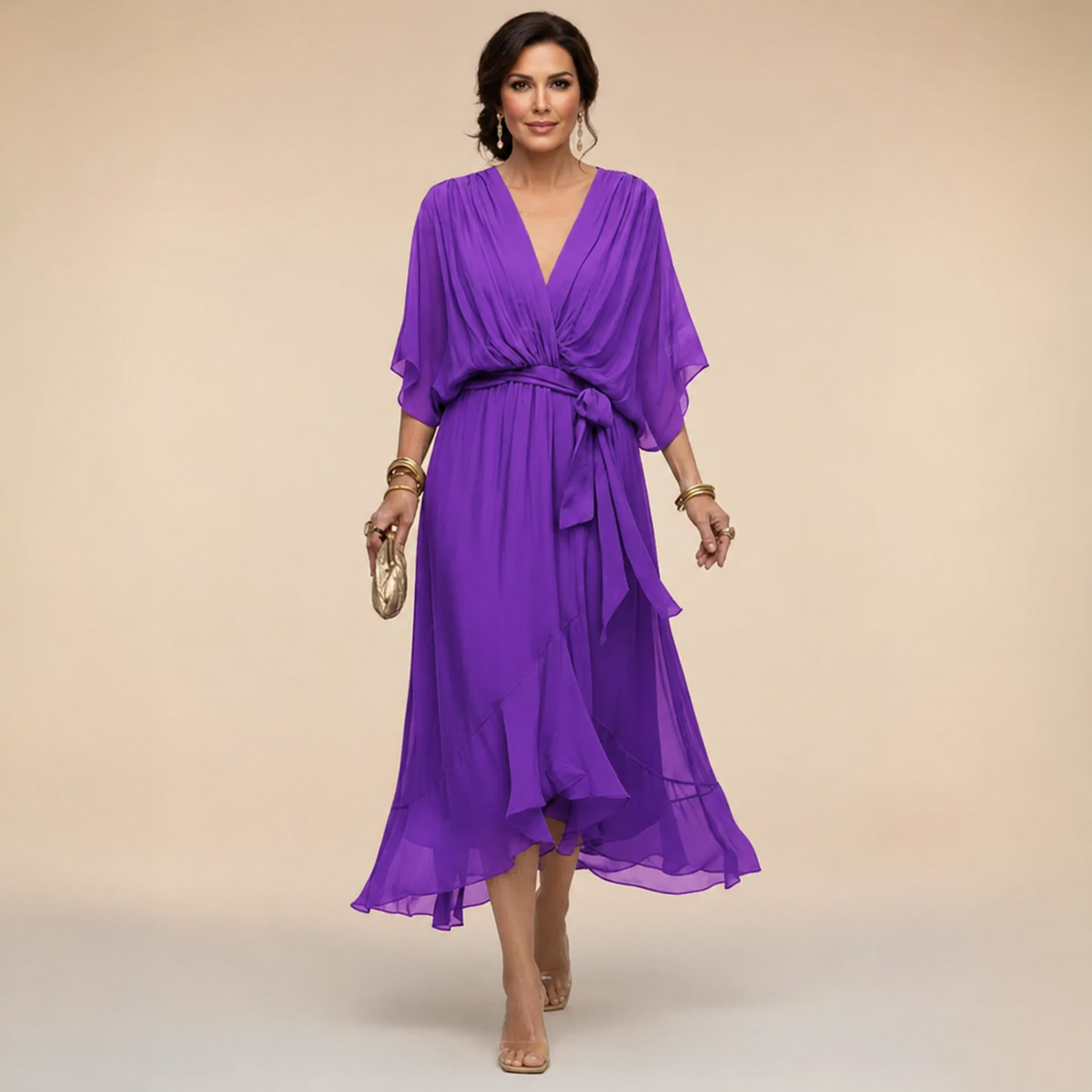 Deep V-Neck Kimono Sleeve Belted Ruffle Wrap Midi Dress