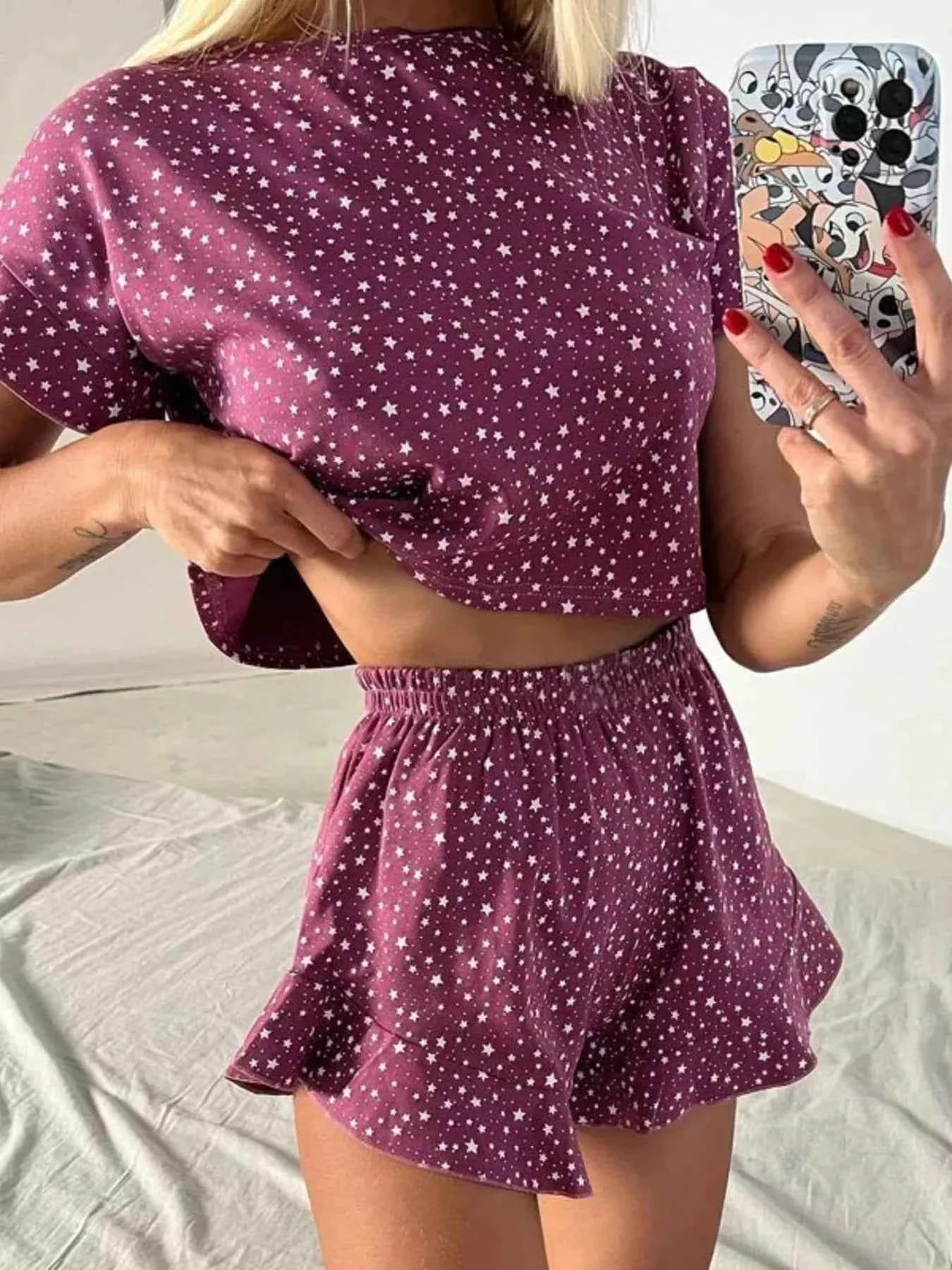 Printed Crop Top and Ruffled Shorts Lounge Set