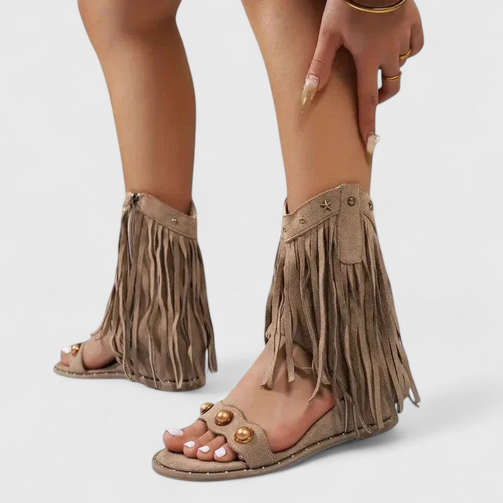 Open Toe Fringe Side Zip Flat Sandals 6