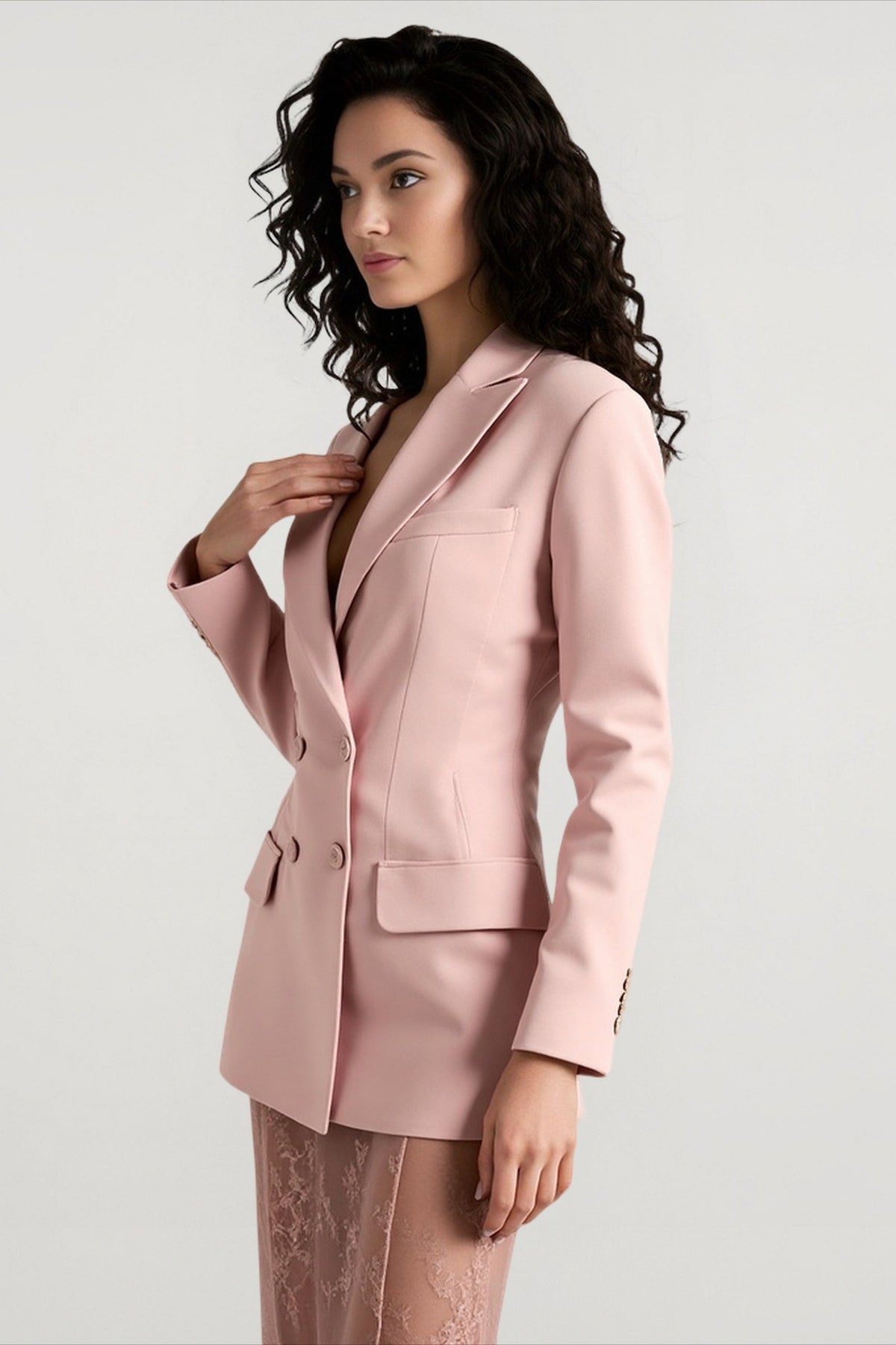Double Breasted Peak Lapel Flap Pocket Longline Tailored Blazer 3