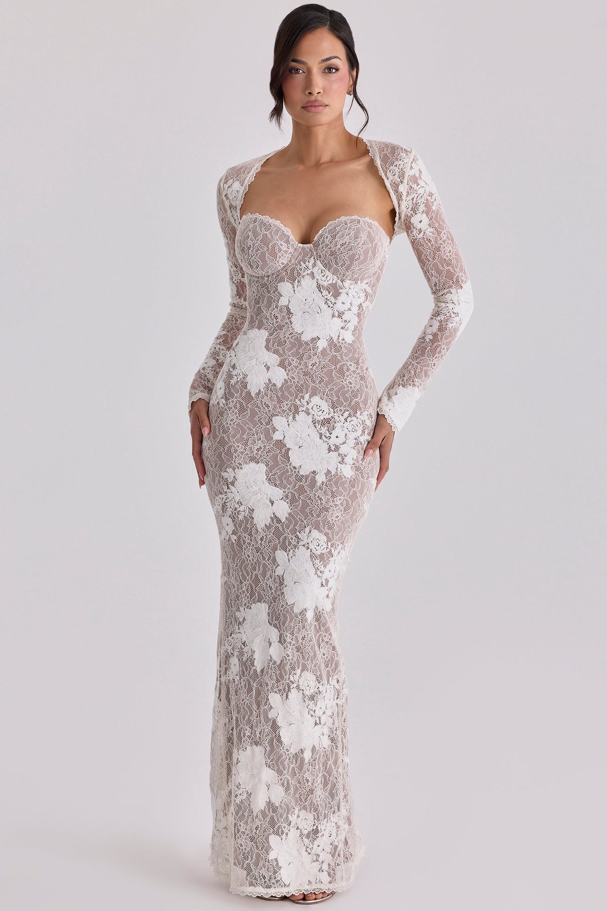 Floral Lace Sweetheart Bustier Long Sleeve Sheer Mermaid Maxi Gown