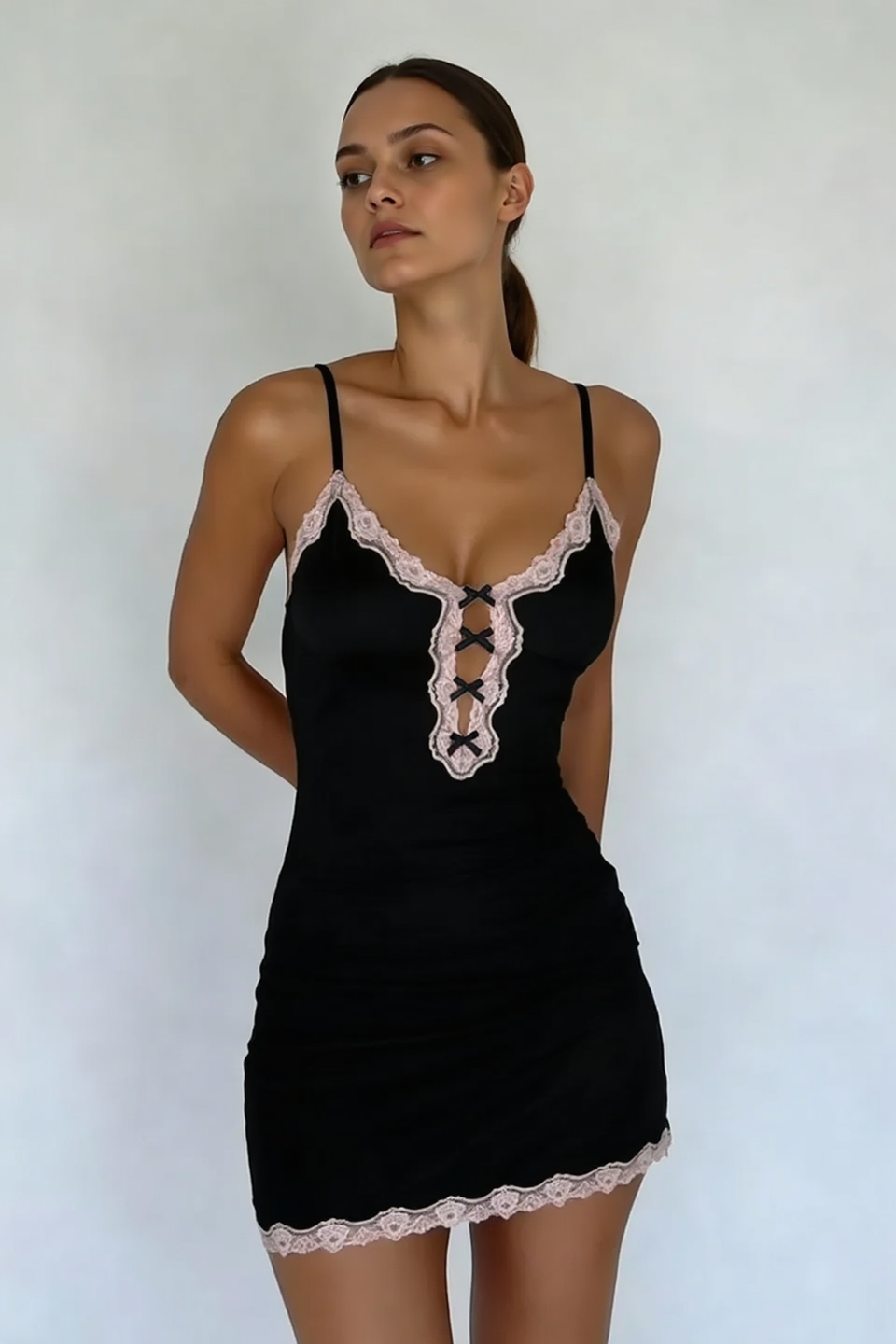 Y2K Lace Panel Bow Cutout Bodycon Slip Dress
