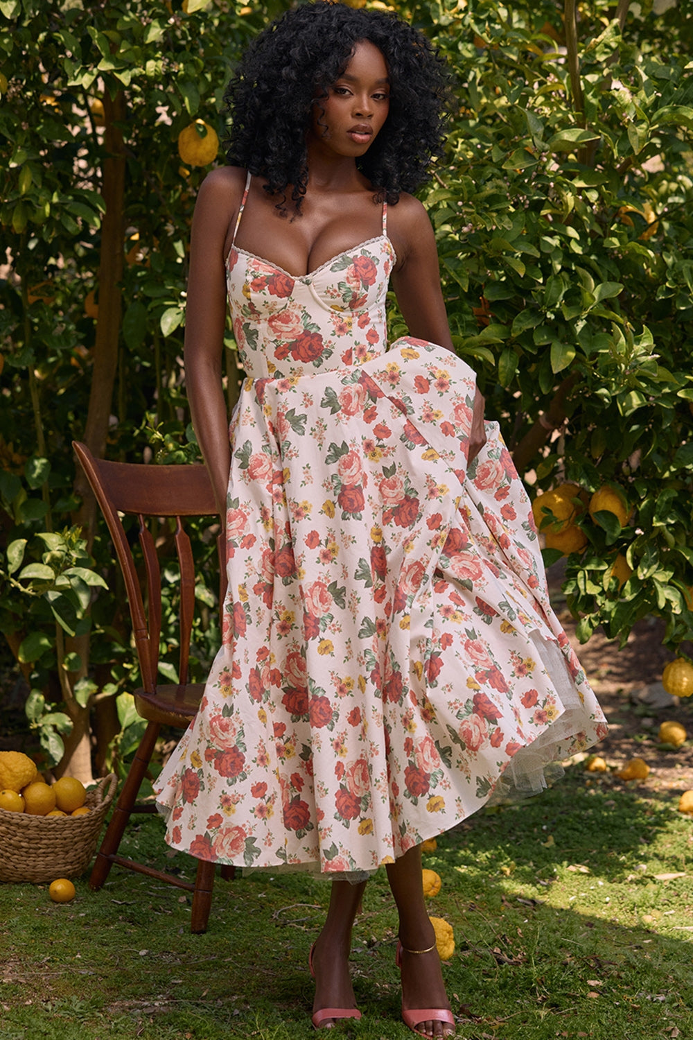 Rose Print Sweetheart Corset Bodice Tulle Underlay Midi Dress 2