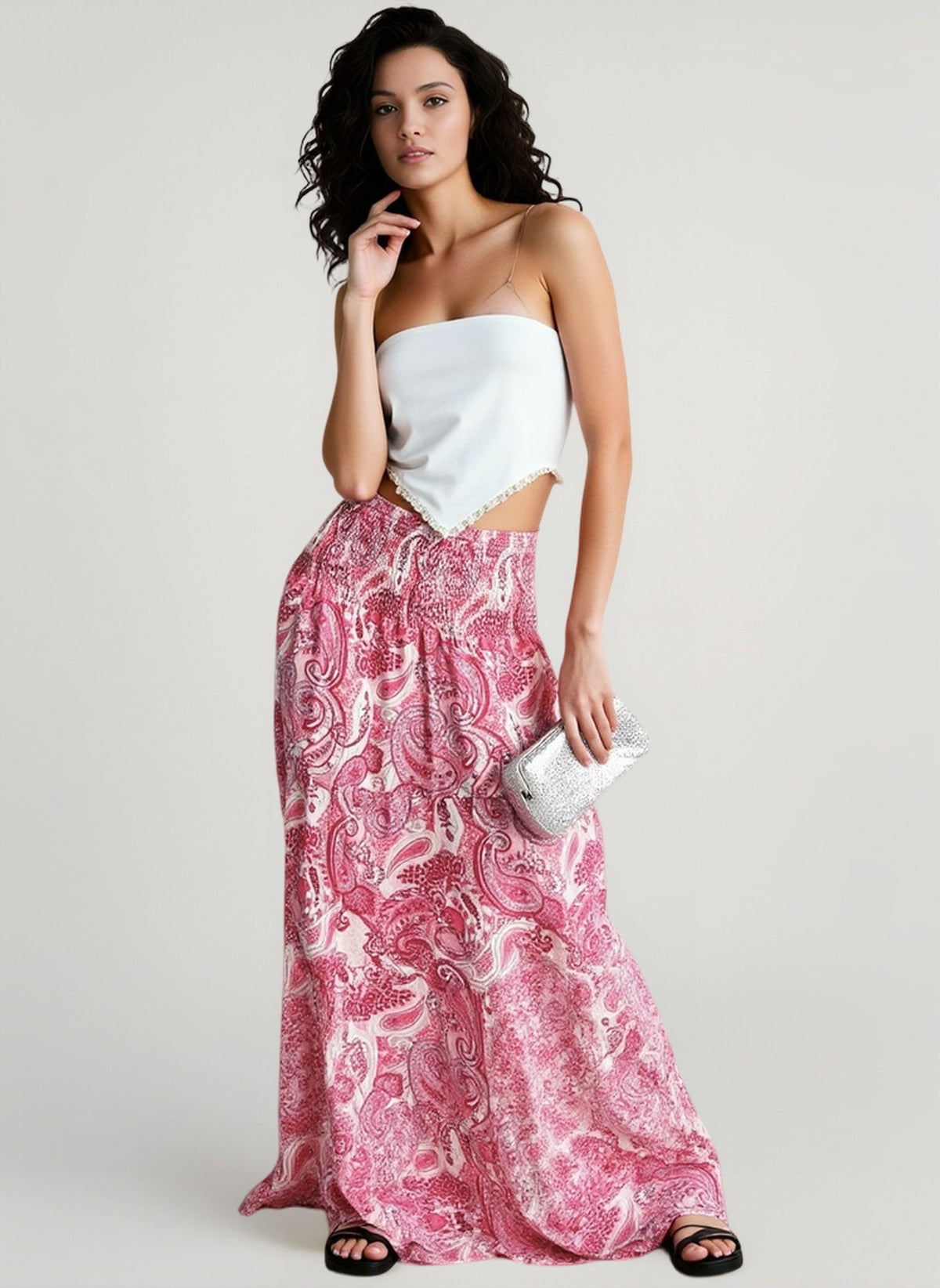 Paisley Print Smocked Waist Flowy Maxi Skirt