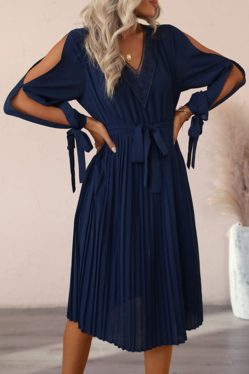 Chiffon Lace Insert V-Neck Cold Shoulder Tie Cuff Long Sleeve Belted Pleated Midi Dress