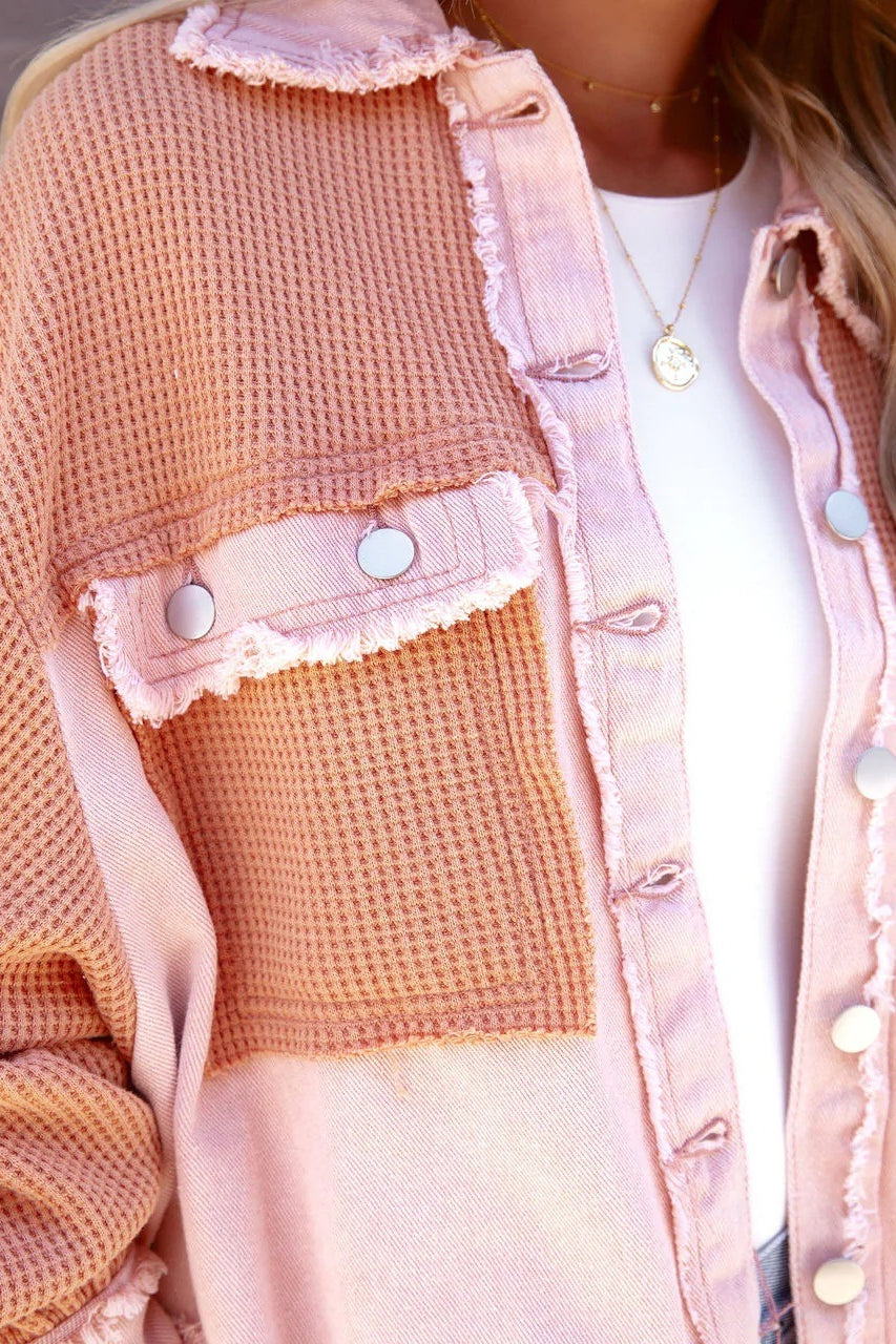 Waffle Knit Balloon Sleeve Frayed Trim Button Front Cropped Jacket 16