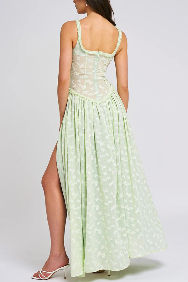 Jacquard Square Neck Sleeveless Corset Bodice High Split Maxi Dress 11