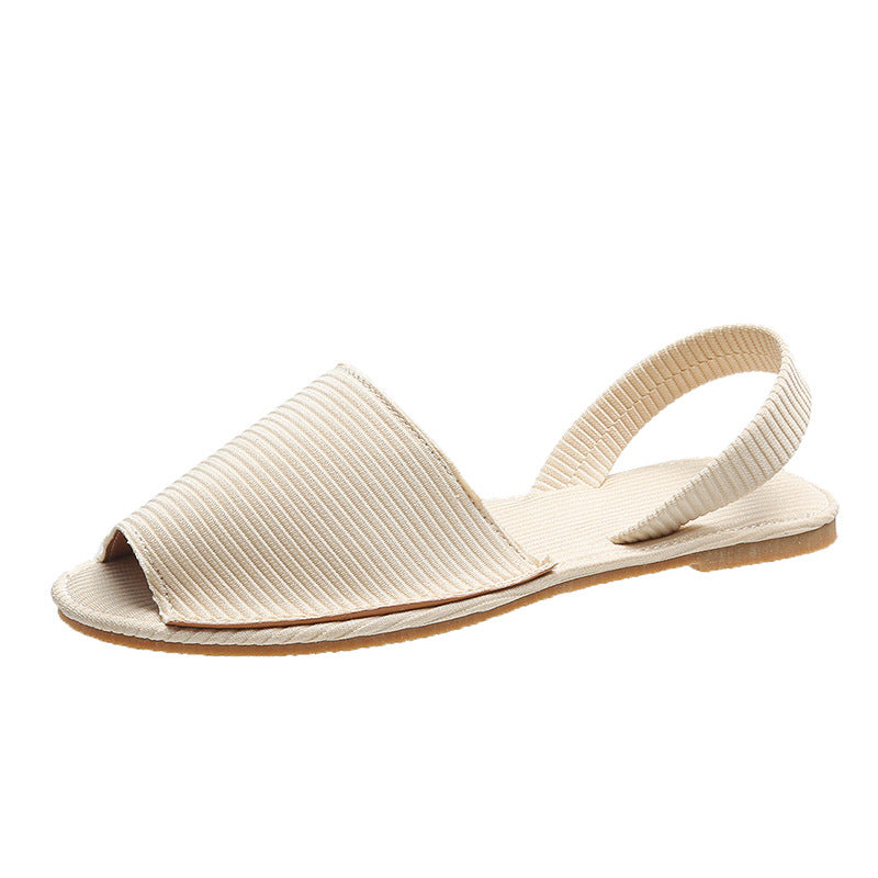 Peep Toe Flat Canvas Flat Sandals Shoes Slip On Shallow Female