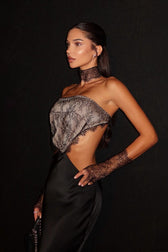 Strapless Lace Panel Backless Tie Maxi Lace Dress