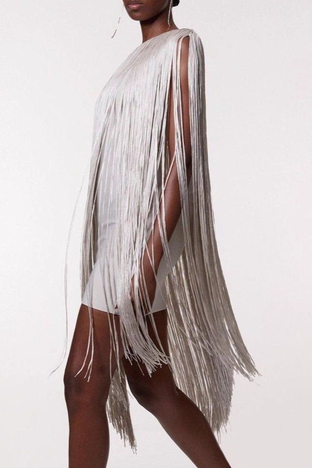 One Shoulder Fringe Overlay Bodycon Mini Cocktail Dress